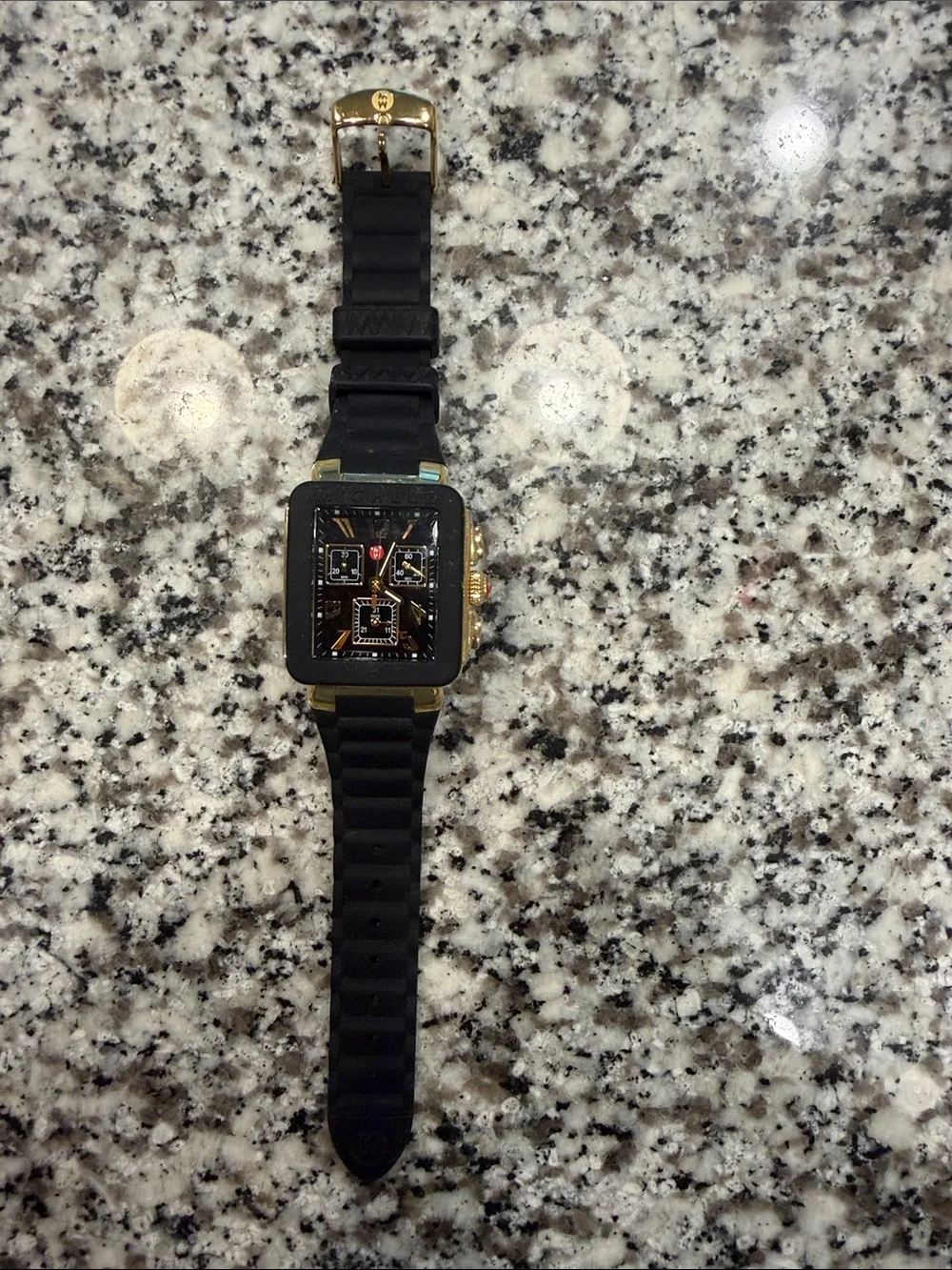 Michele Black Silicone Band Watch with Gold-Tone Square Case